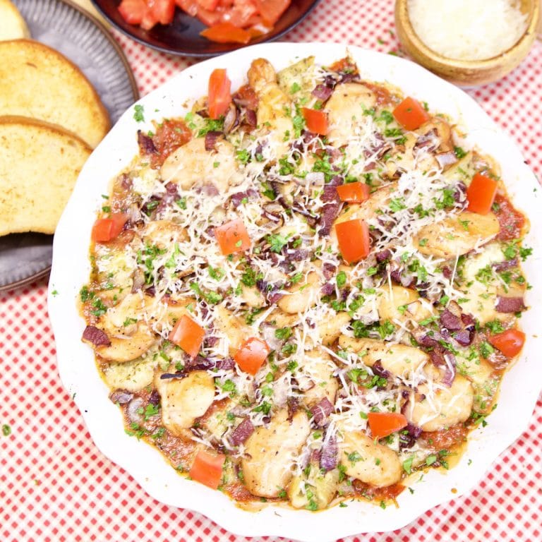 Chicken Stuffed Shells in pie dish.