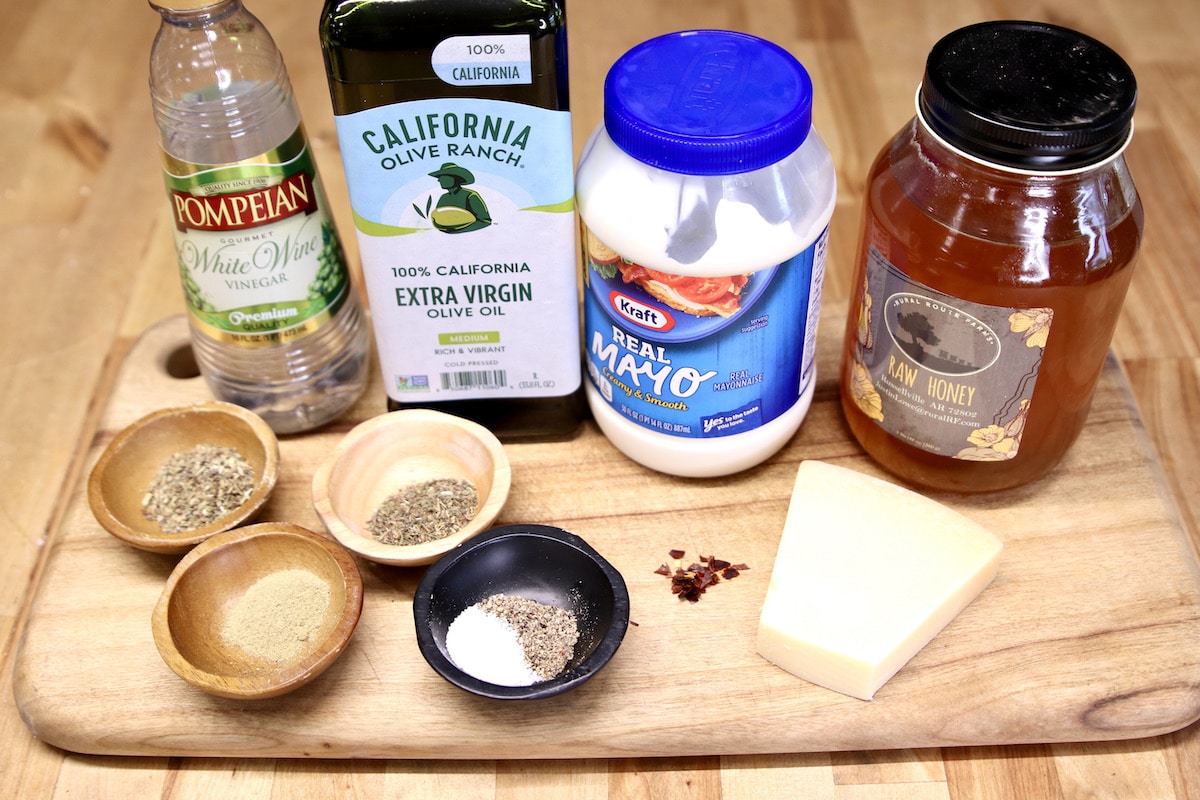 Ingredients for creamy Italian salad dressing.