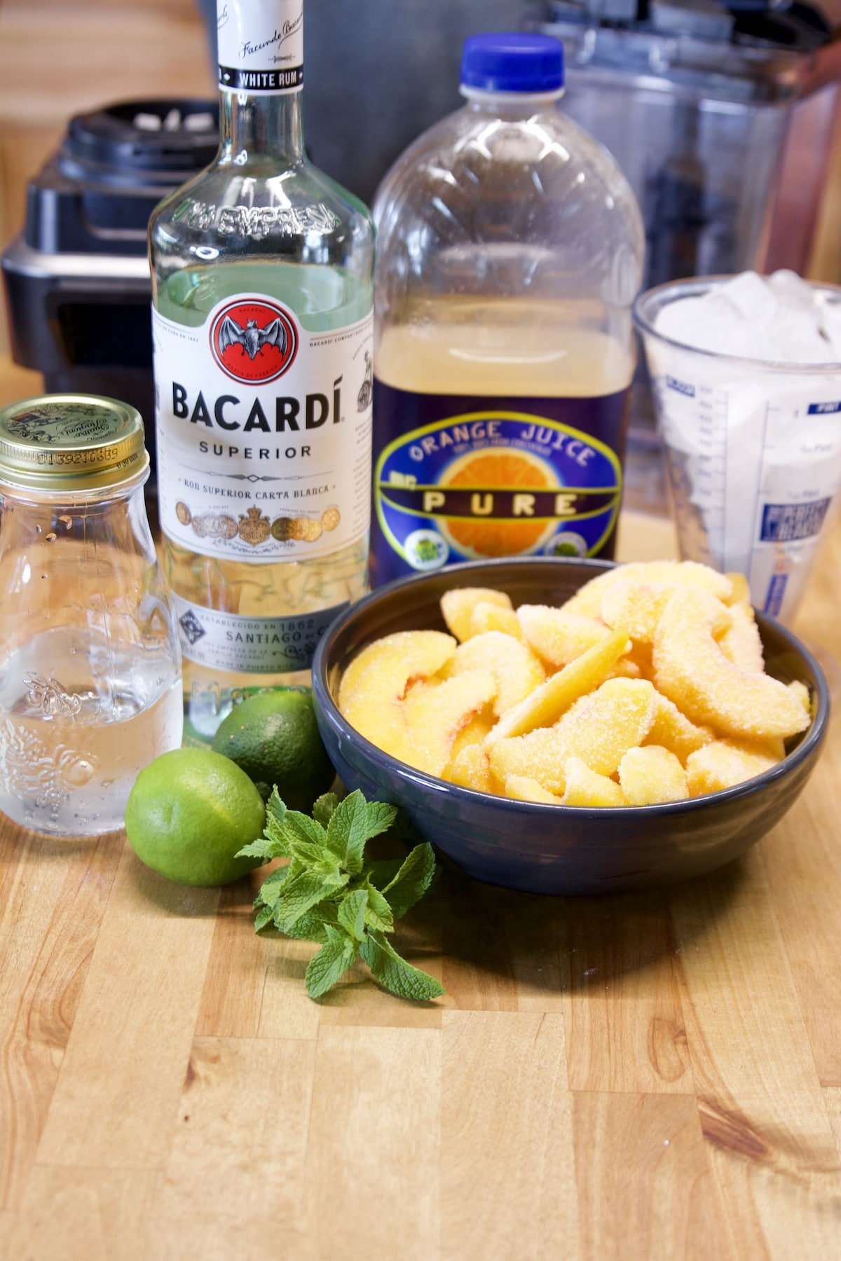 Ingredients for Peach Daiquiri cocktails.