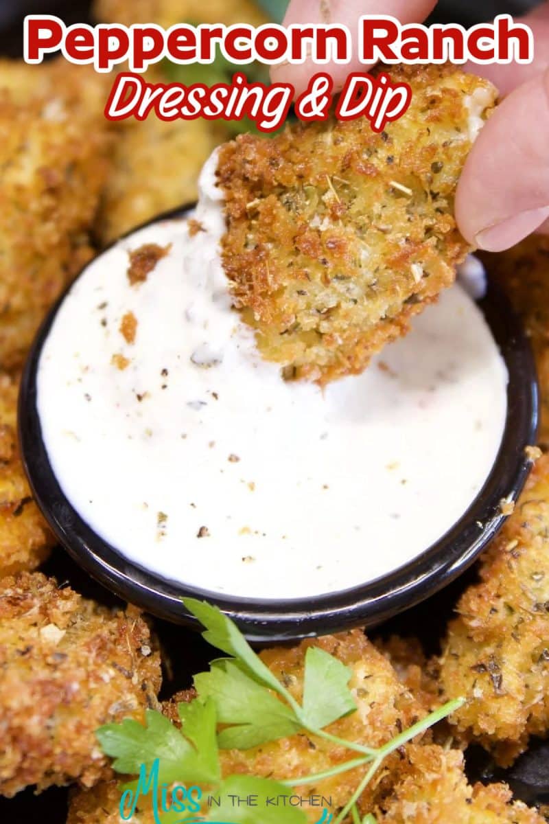 Peppercorn Ranch in a bowl with cheese curd dipping. Text overlay.