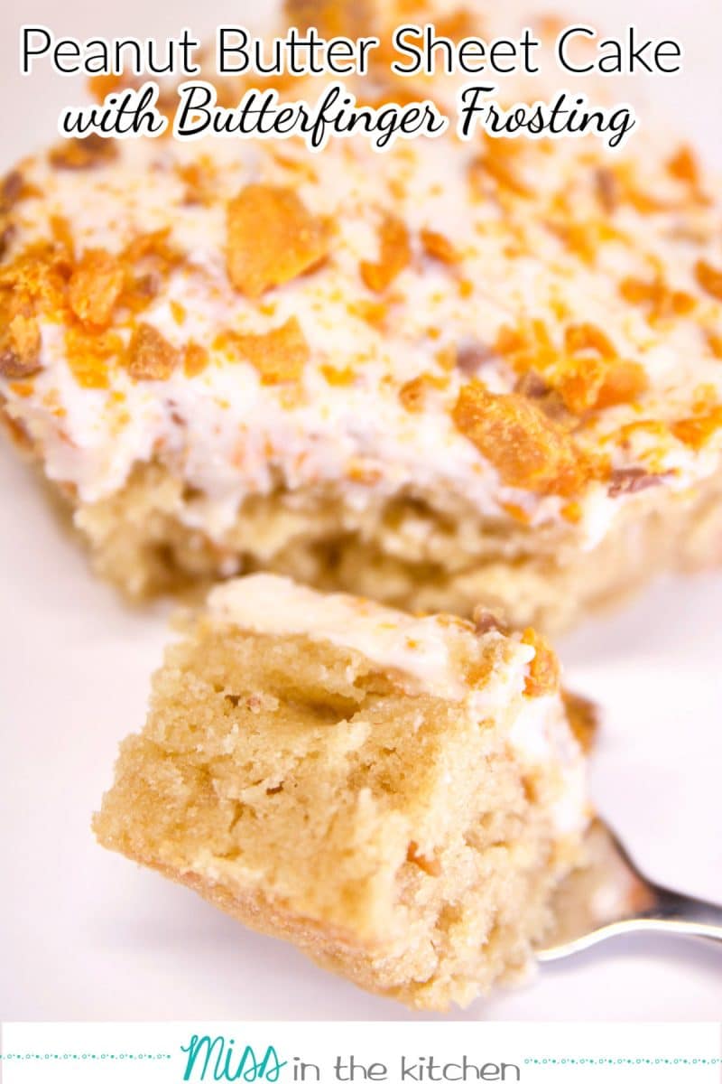 Bite of peanut butter sheet cake on a plate with slice. Text overlay.