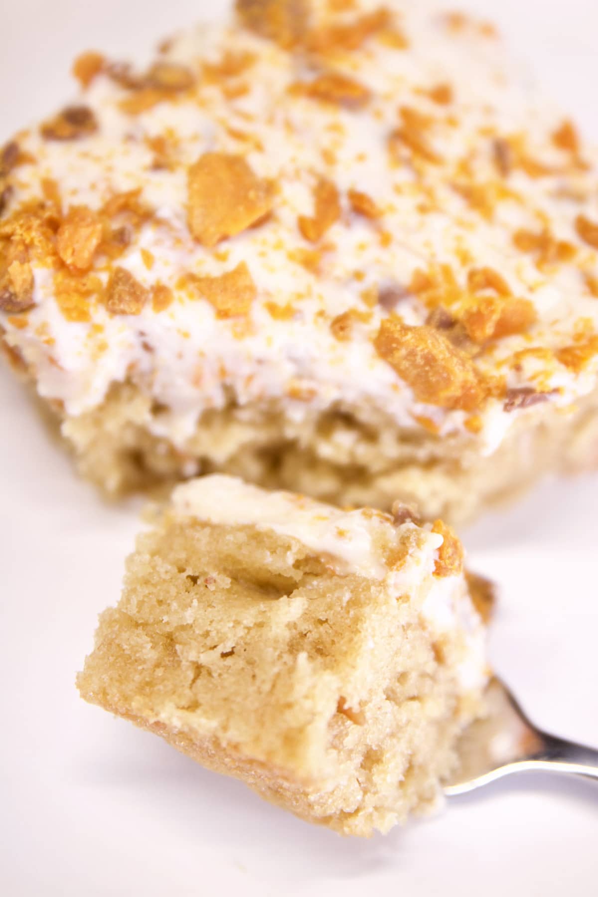 Peanut Butter Sheet Cake bite on fork.