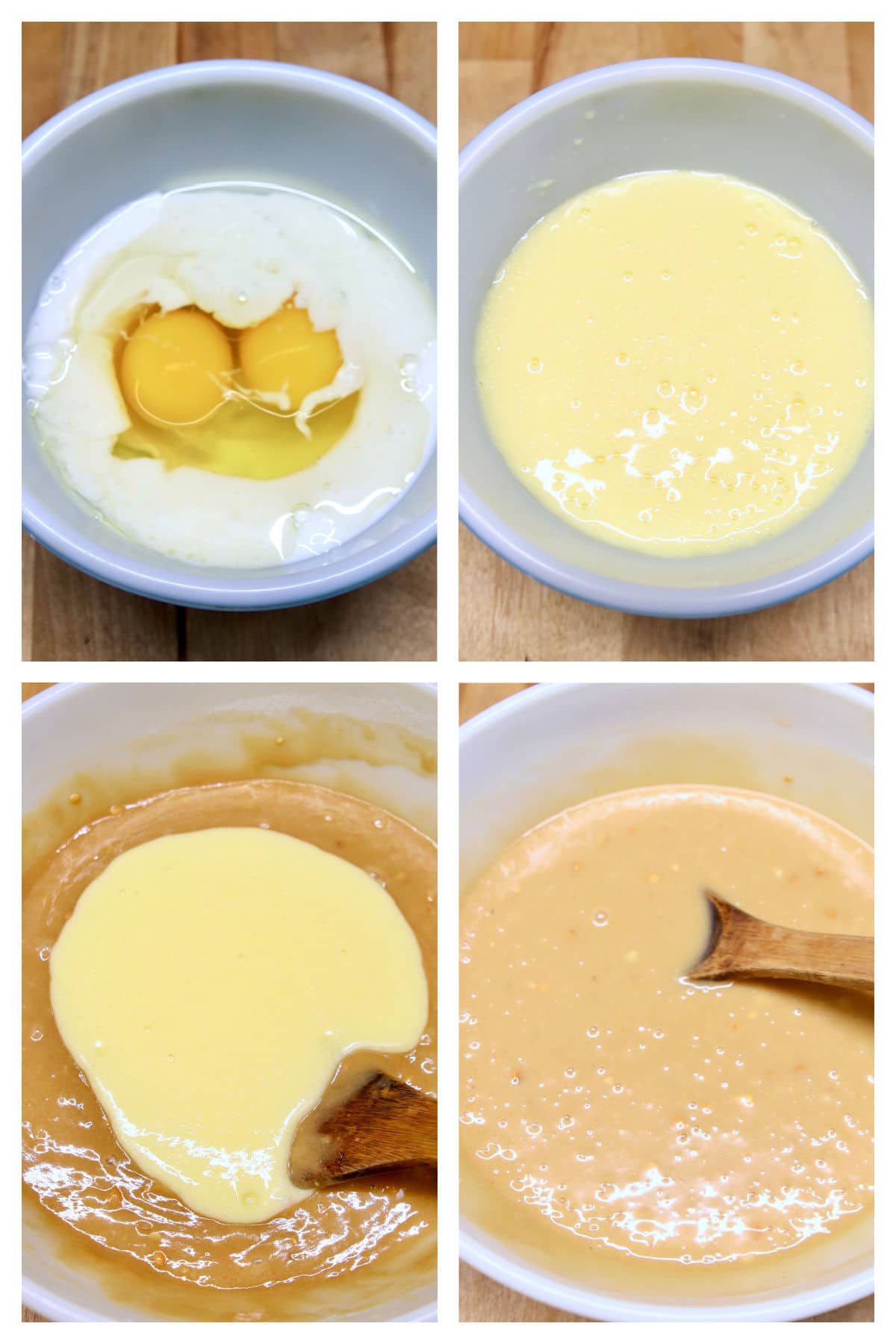 Mixing eggs, buttermilk into cake batter.