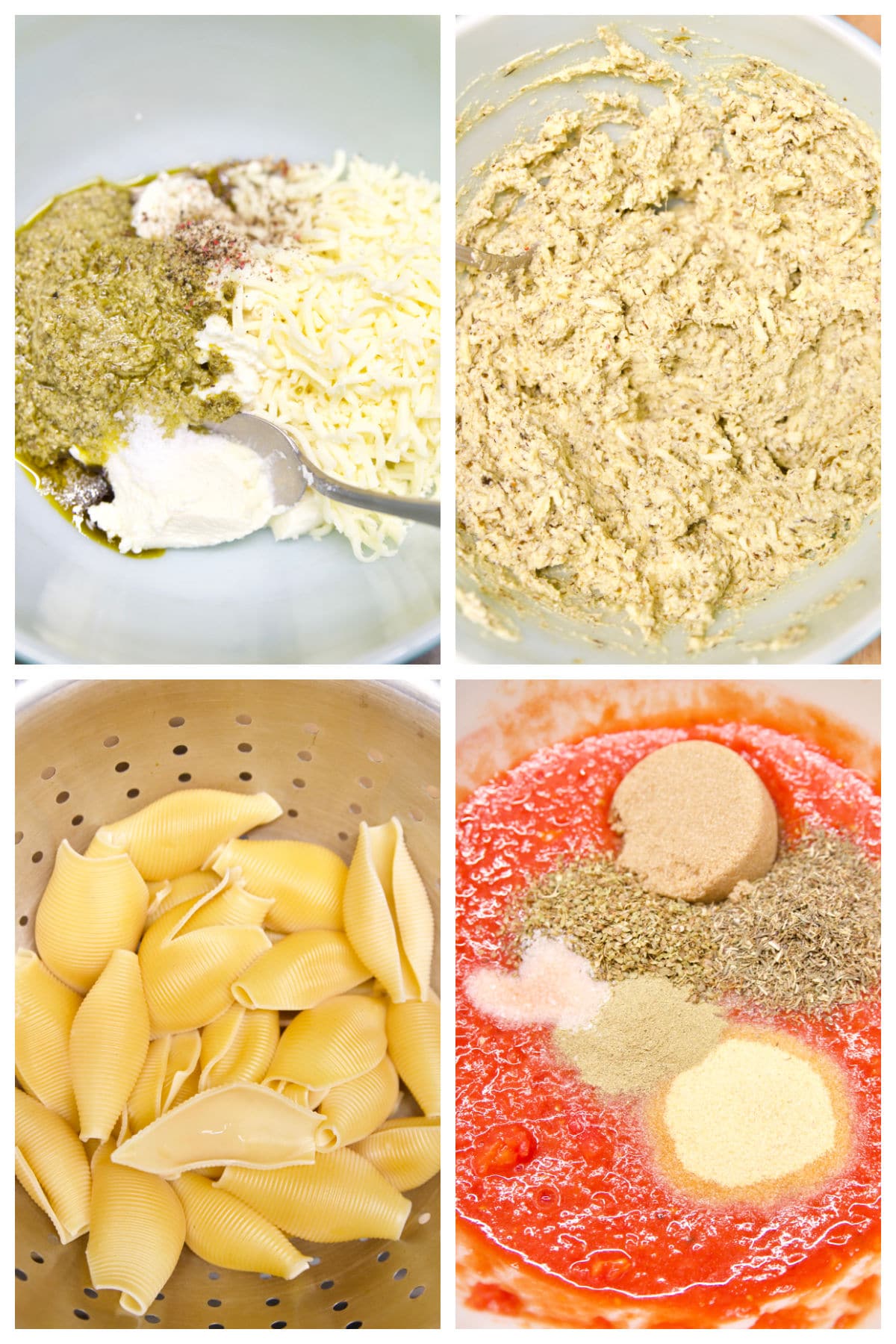 Mixing ricotta cheese and pesto, cooking pasta, making tomato sauce.