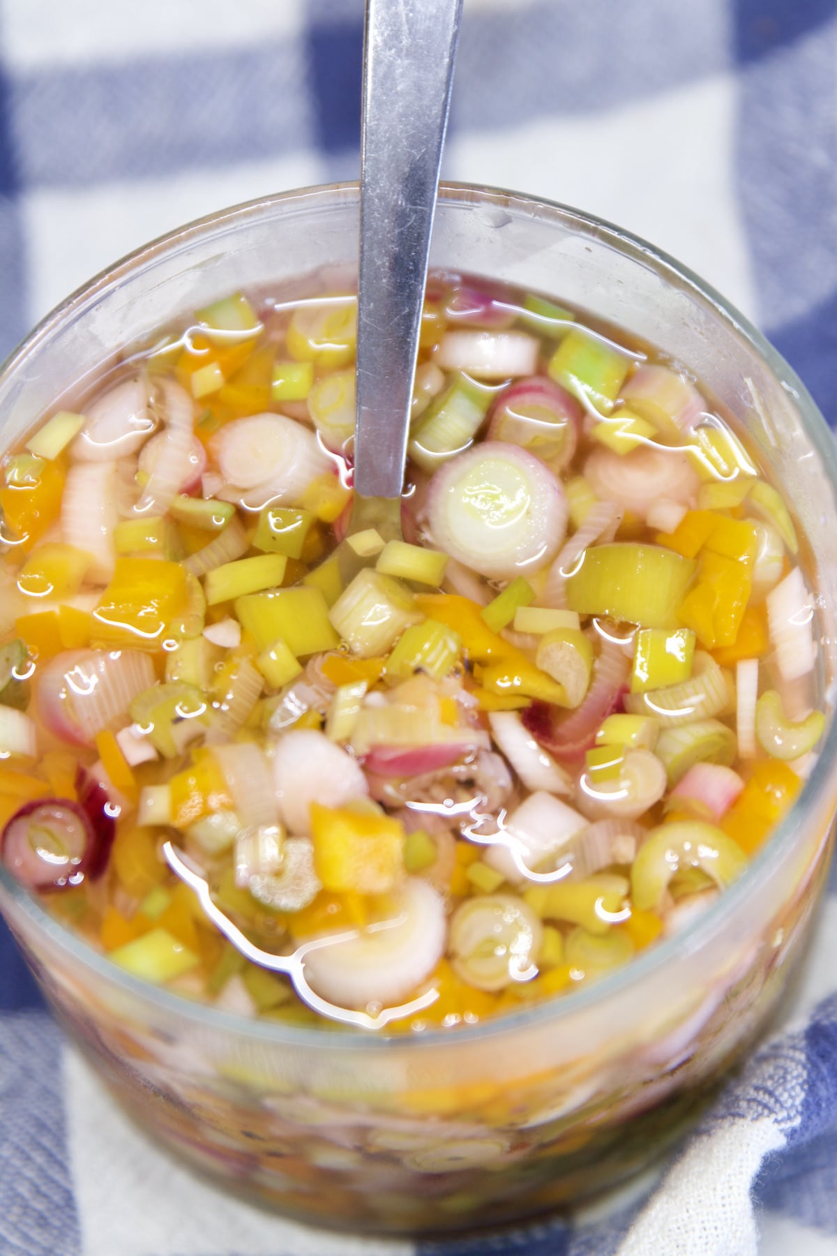 Overhead view of pickled onions.