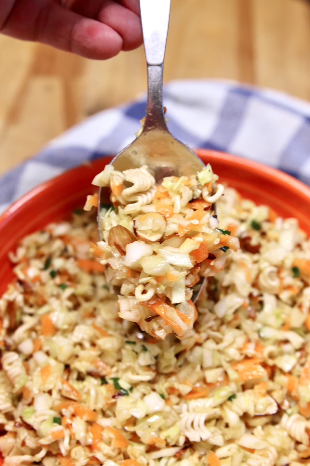 Asian ramen slaw on a spoon.