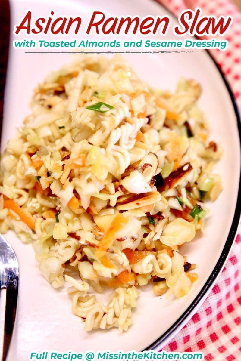 Plated slaw with almonds, text overlay.