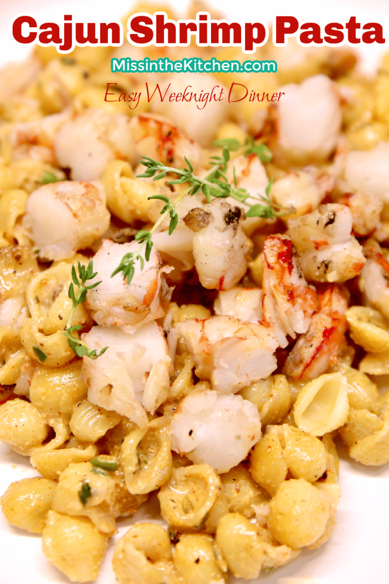 Closeup of Cajun Shrimp Pasta. Text overlay.