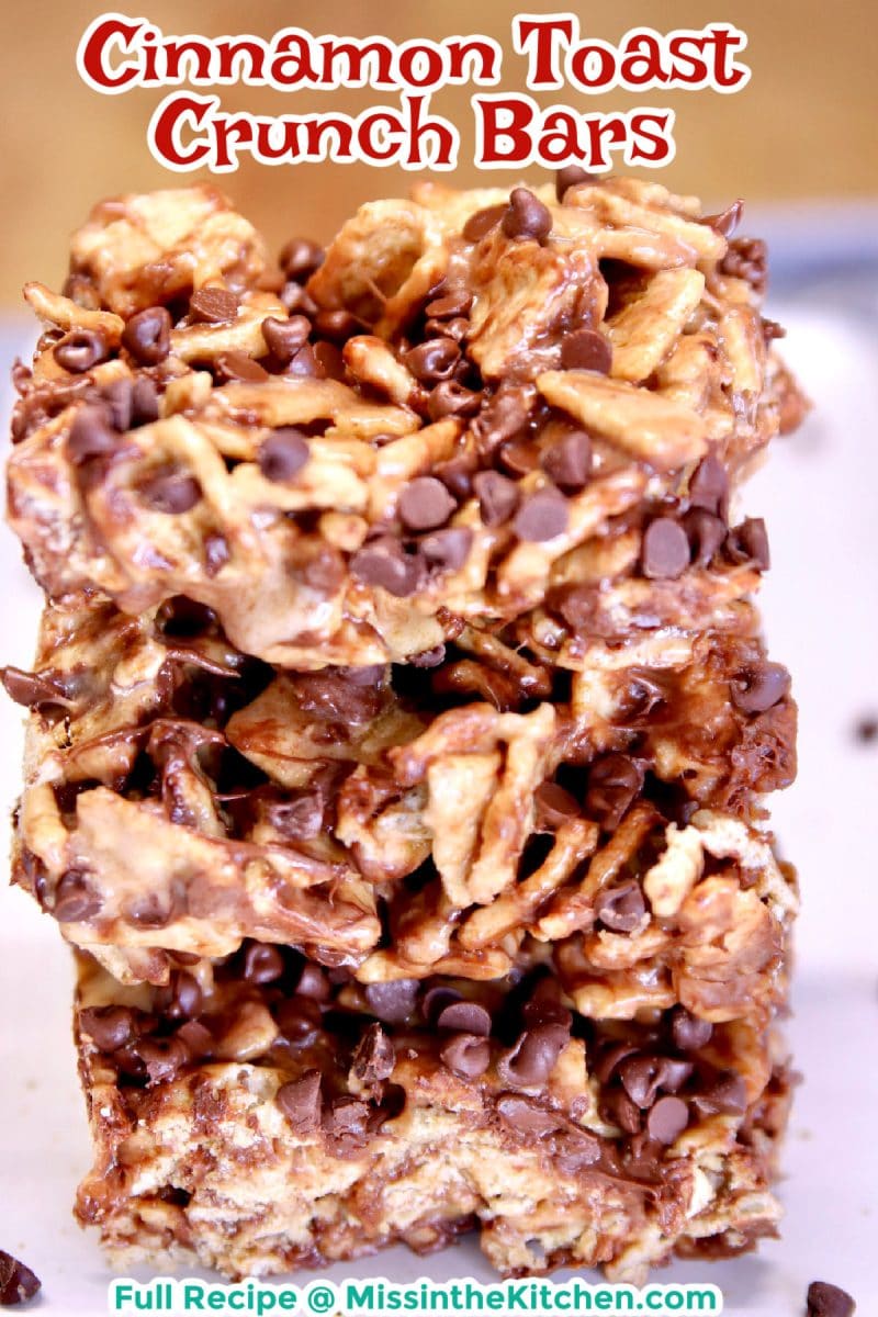 Cinnamon Toast Crunch Bars in a stack of 3. Text overlay.