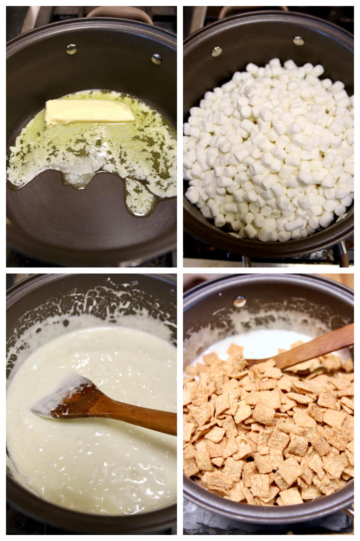 Making cinnamon toast crunch bars collage.