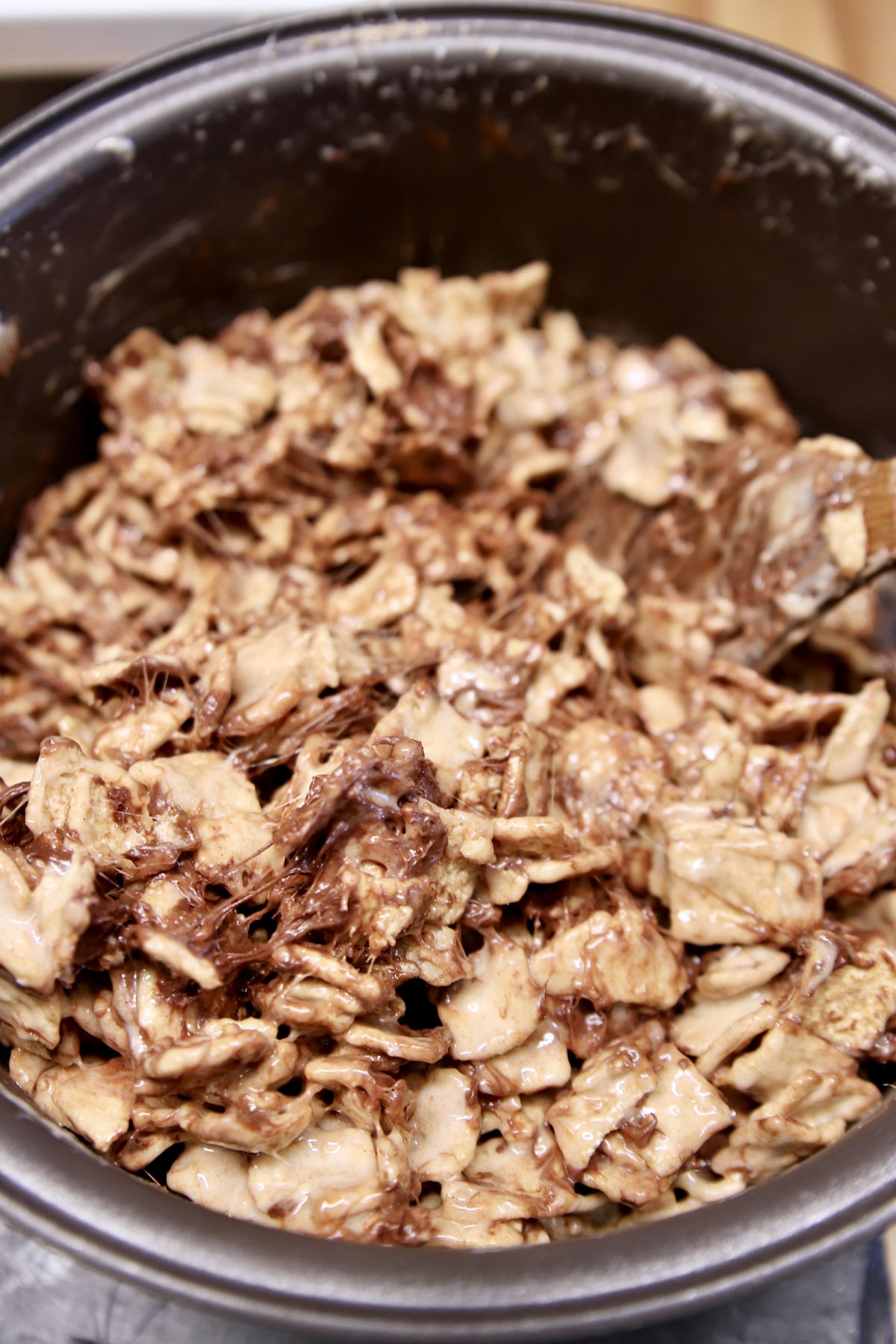 Pan of chocolate cinnamon toast crunch bars.