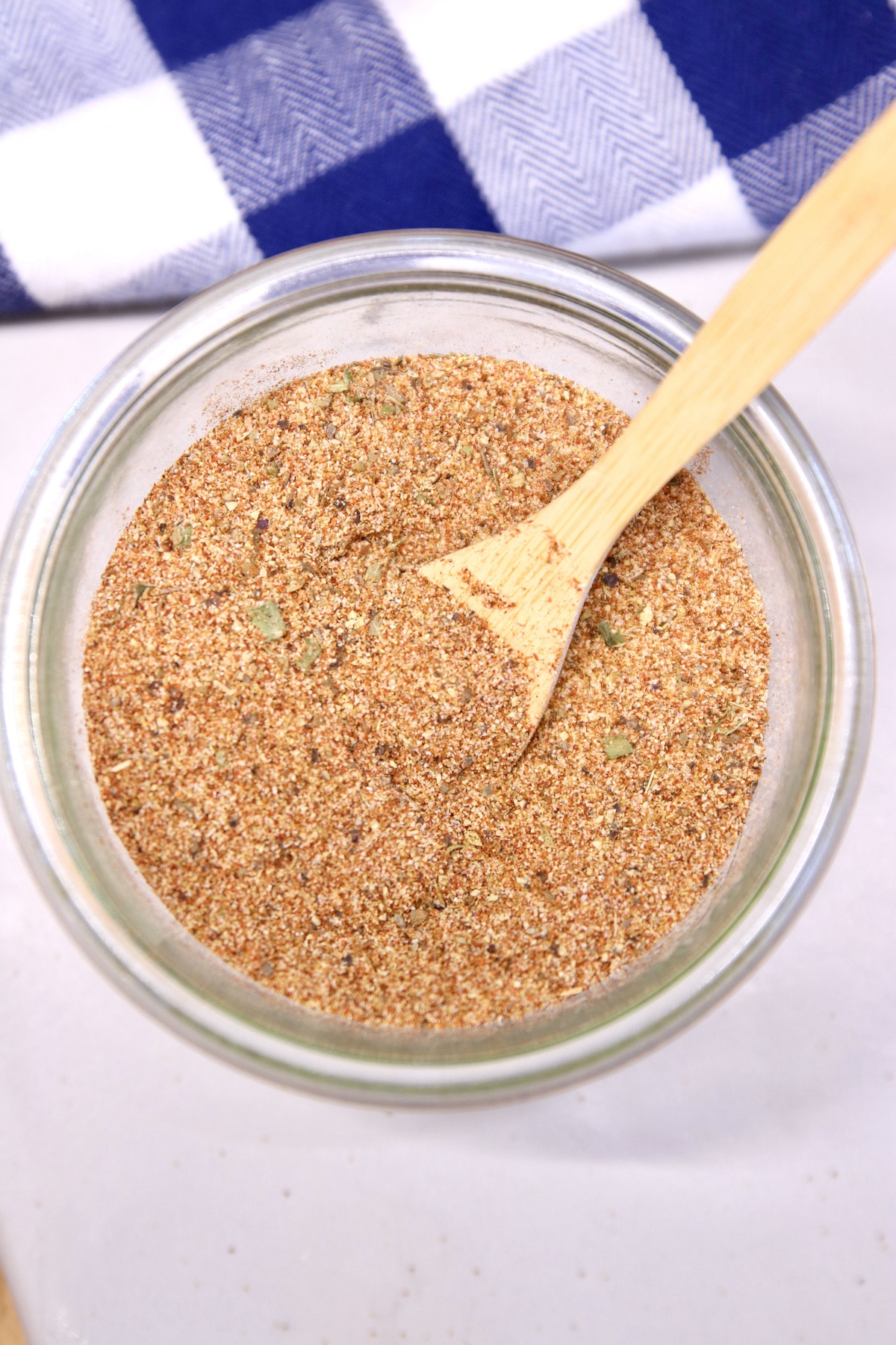 Overhead view of jar of Creole spices.