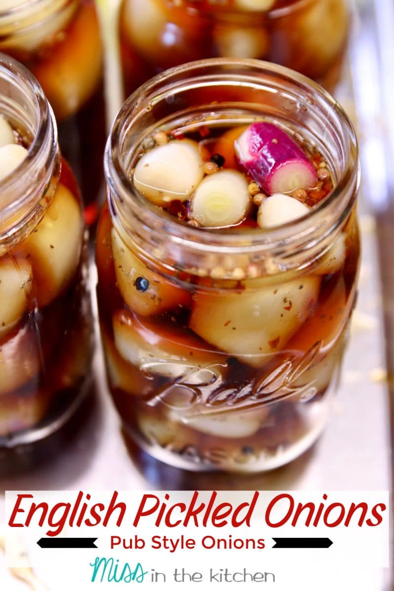 English Pickled Onions in a mason jar- text overlay.