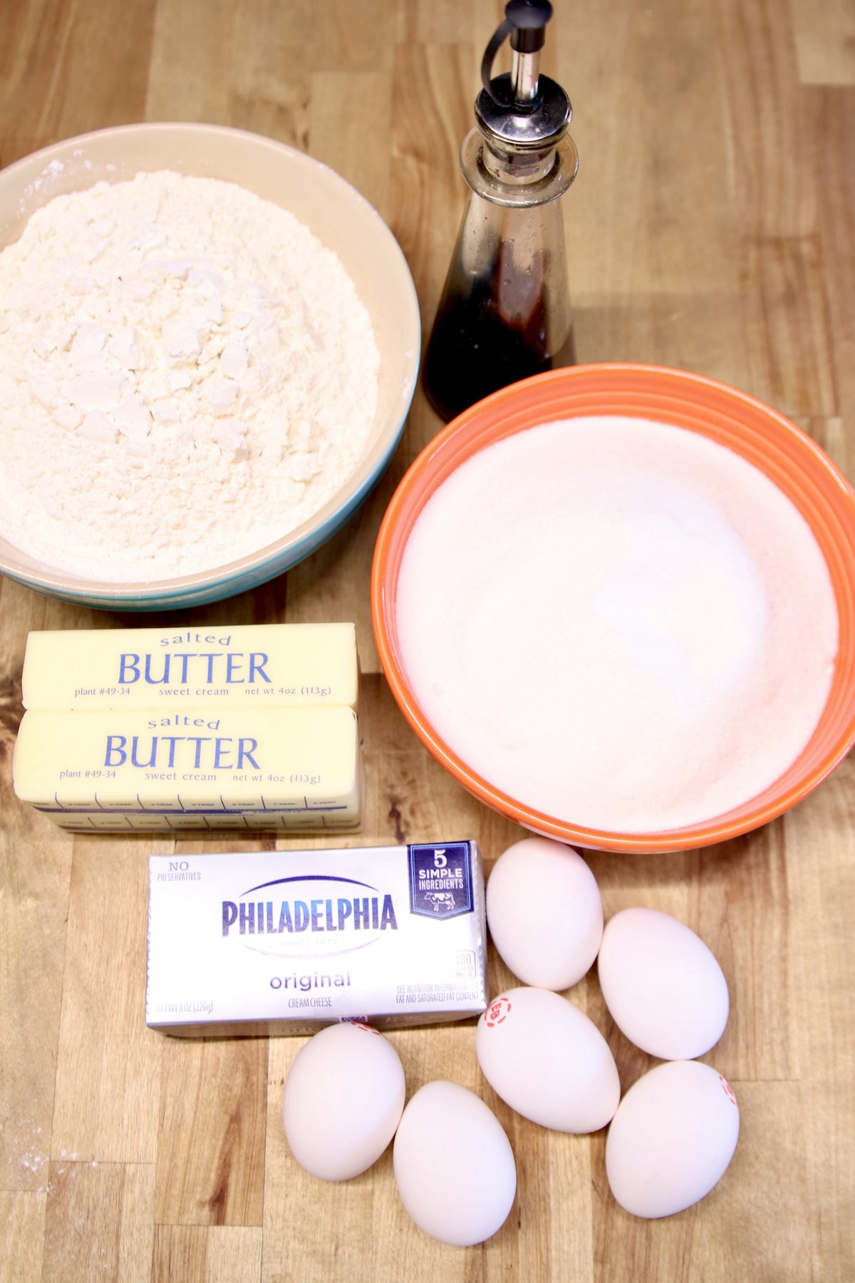 Overhead view of ingredients for cream cheese pound cake.