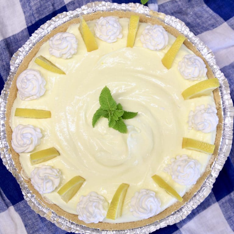 Overhead view of a whole lemon pie.