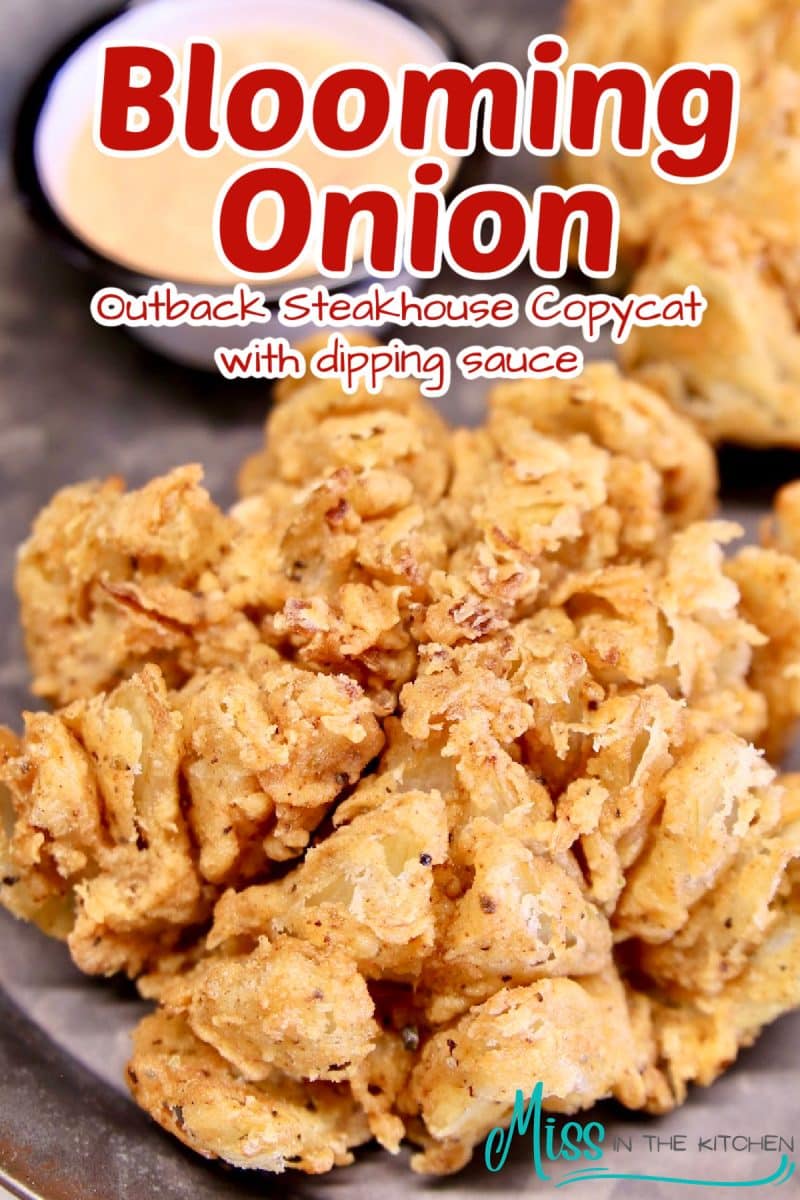 Blooming onion on a platter- text overlay.