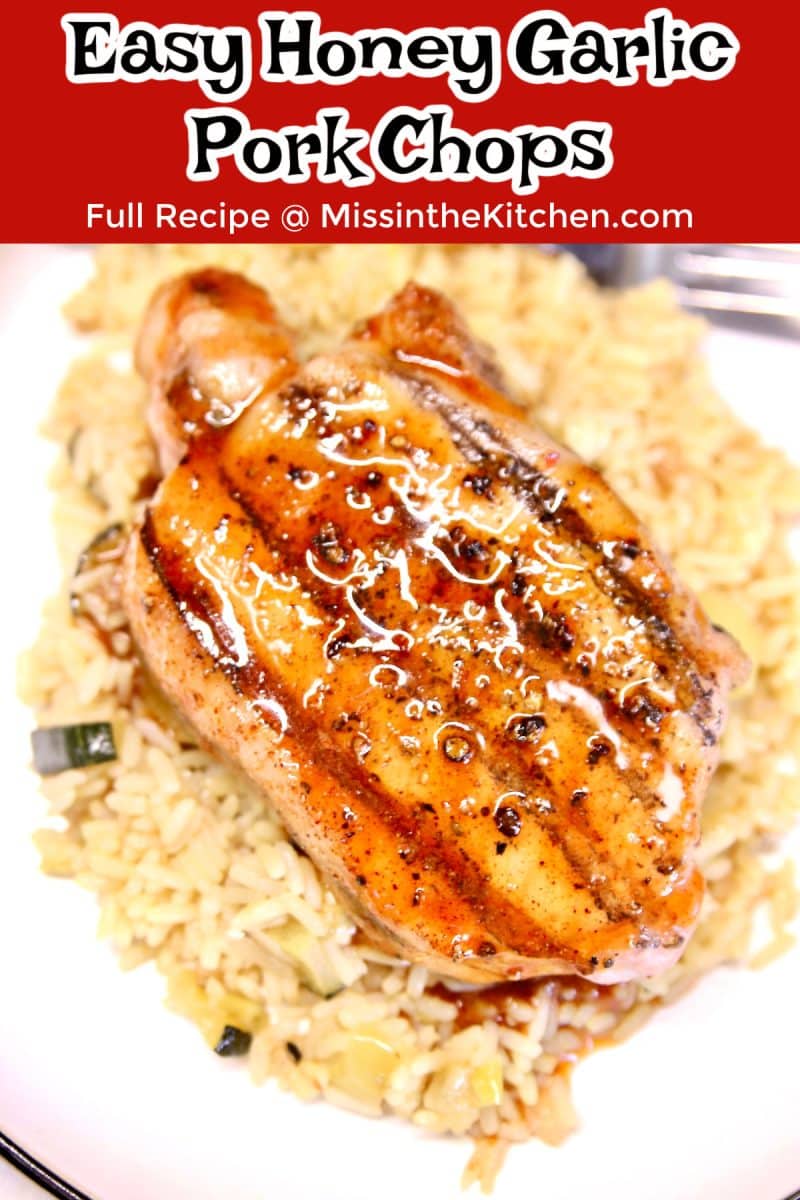 Honey Garlic Pork Chop on a plate with rice- text header.
