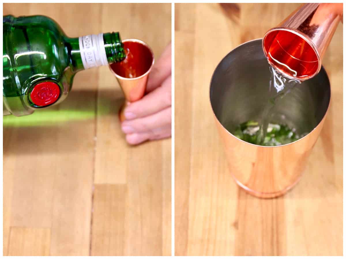 Adding gin to a cocktail shaker using a jigger to measure. Collage.