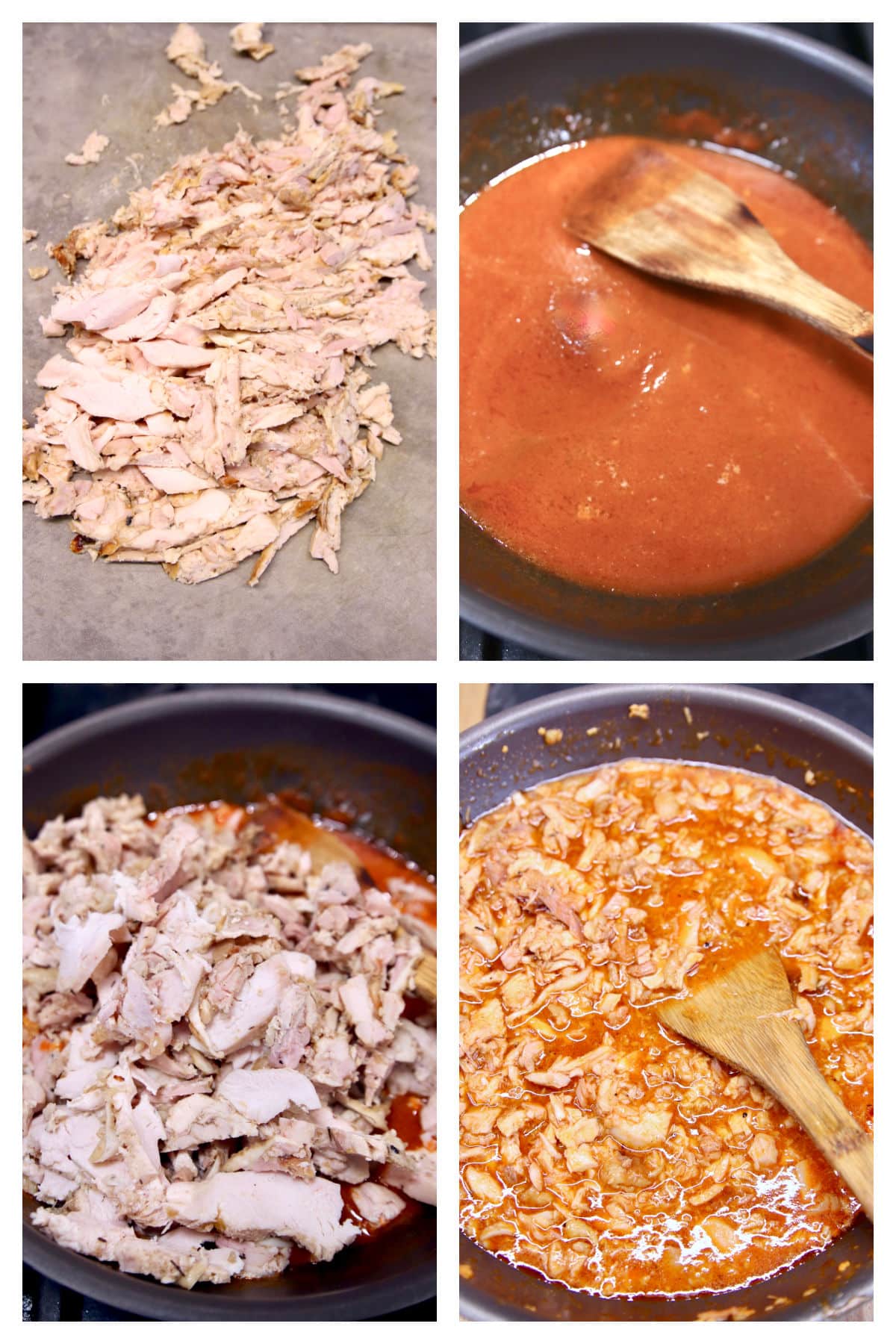 Collage making hot honey chicken with shredded chicken.