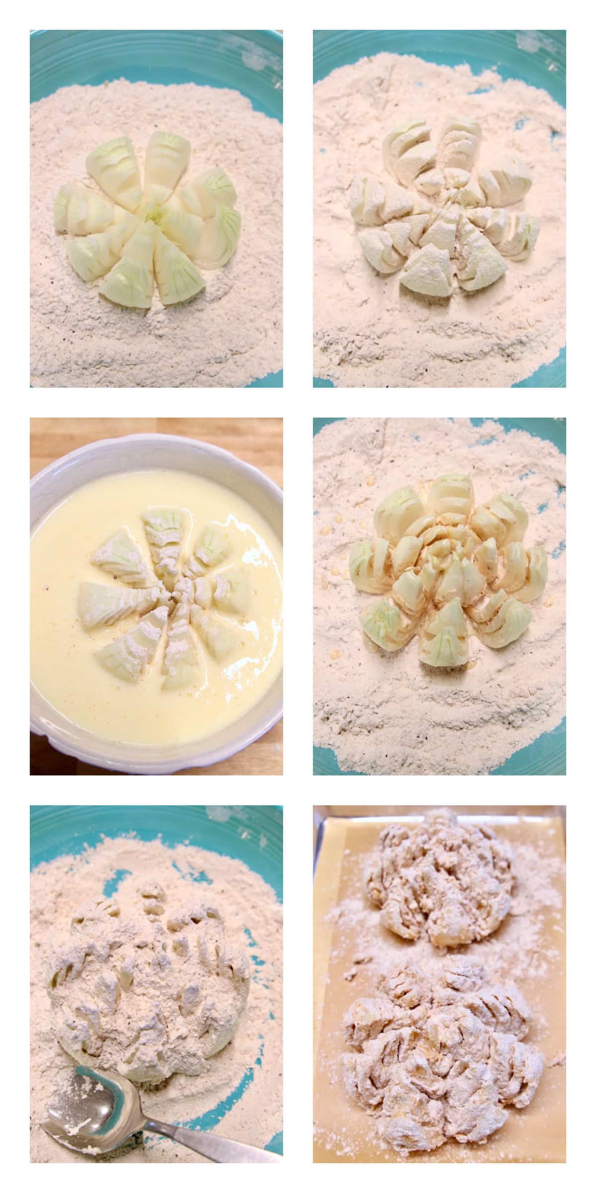 Collage battering blooming onions.