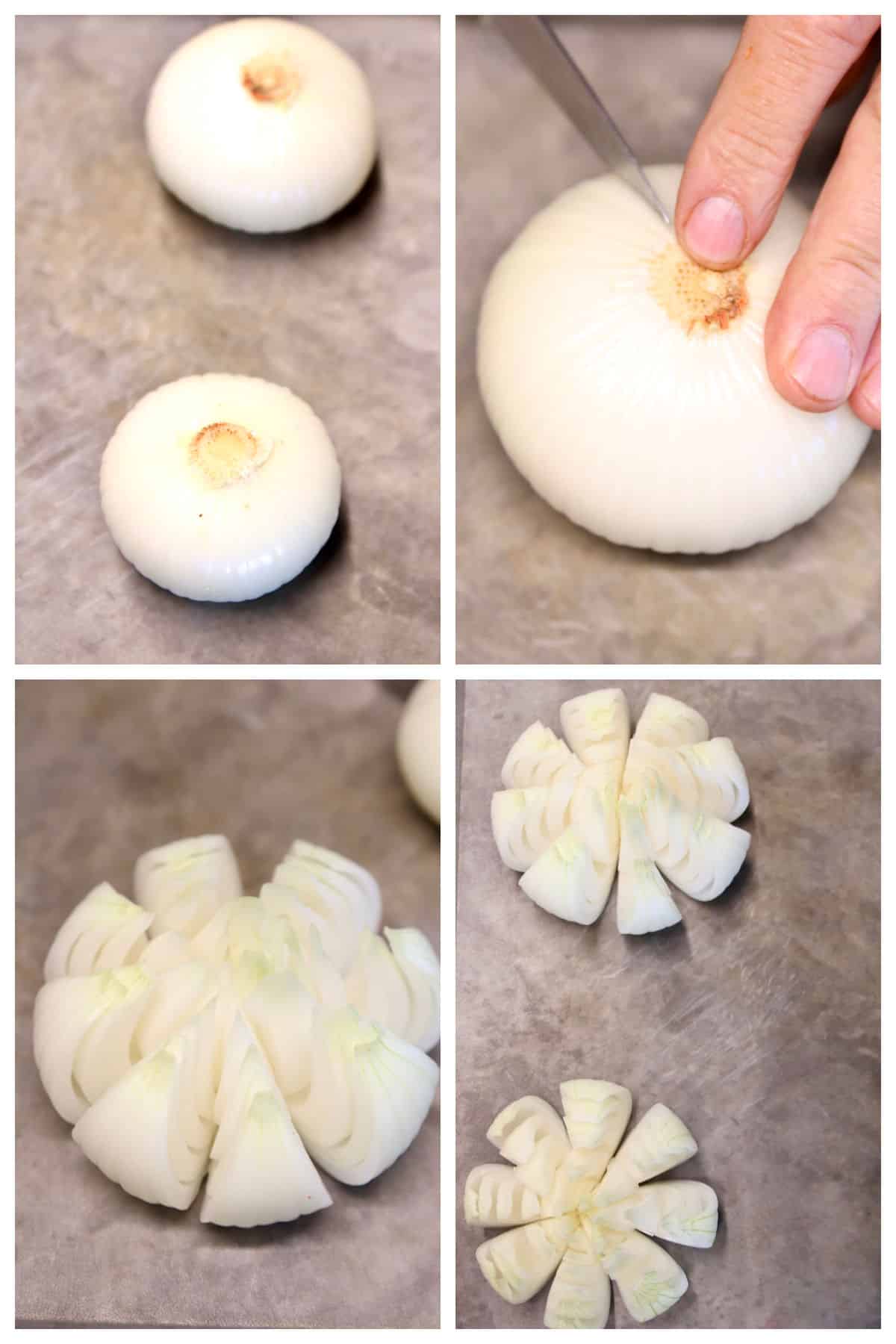 Slicing onions to make blooming onions.