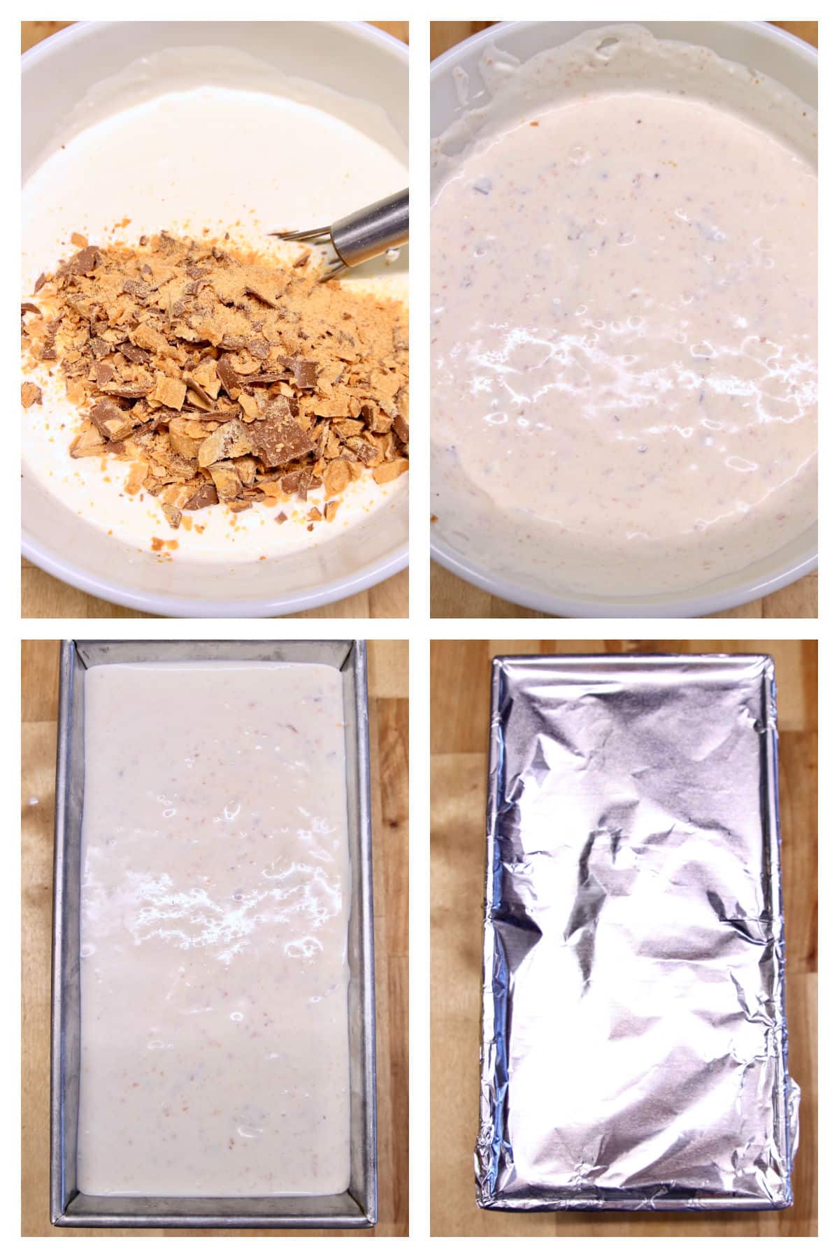 Collage making Butterfinger ice cream, freezing in a loaf pan.