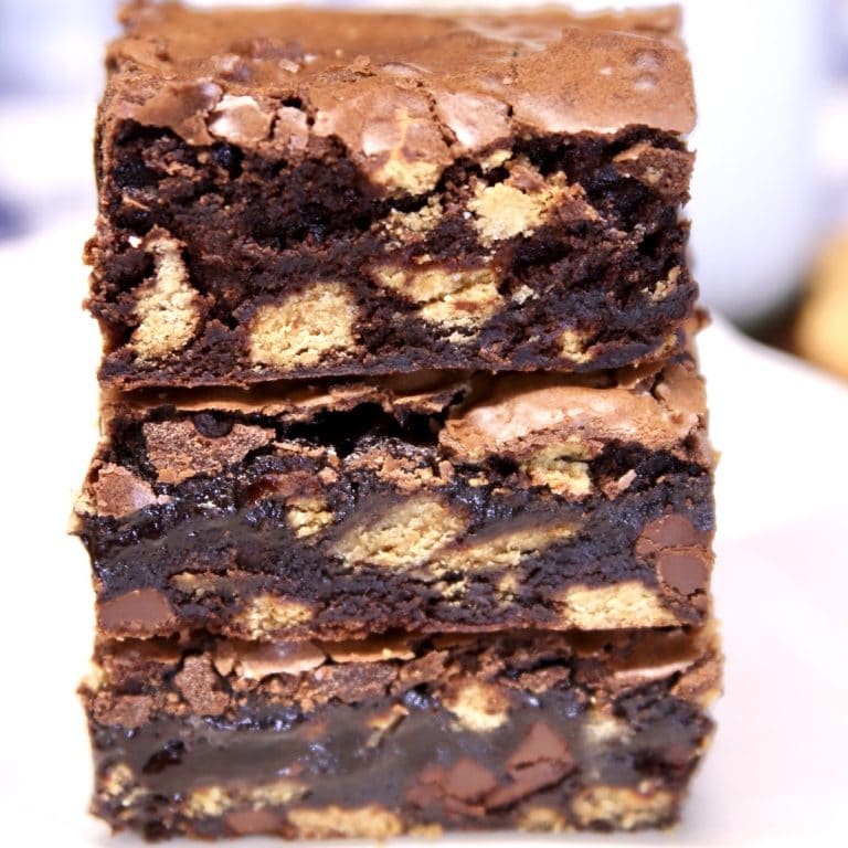 Stack of nutter butter brownies.