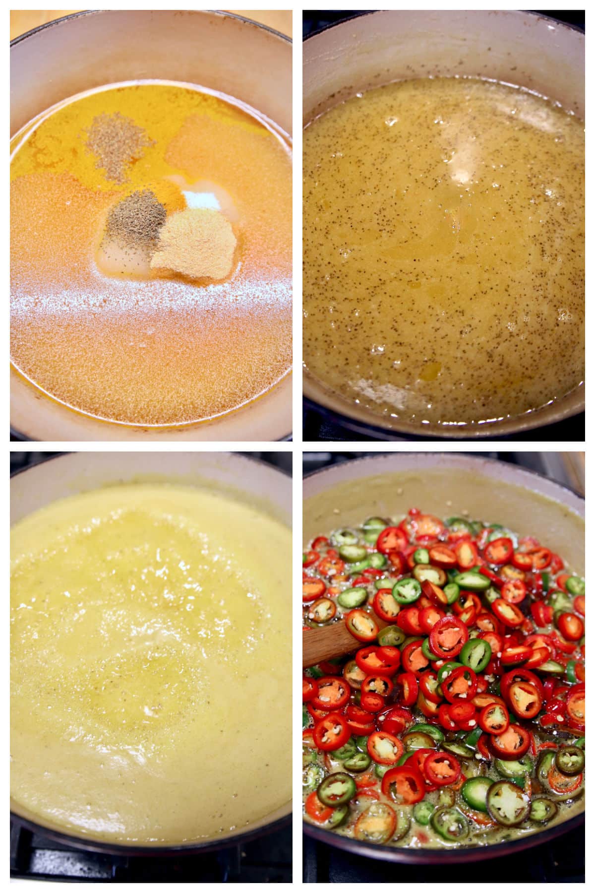 Collage boiling syrup and adding jalapeno slices.