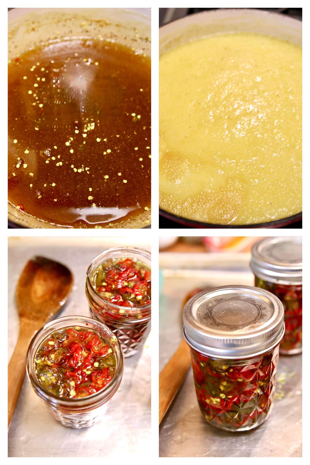 Collage making candied jalapenos and canning.
