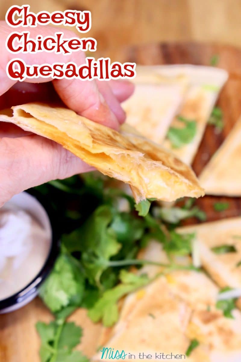 Cheesy Chicken Quesadilla -hand held, text overlay.