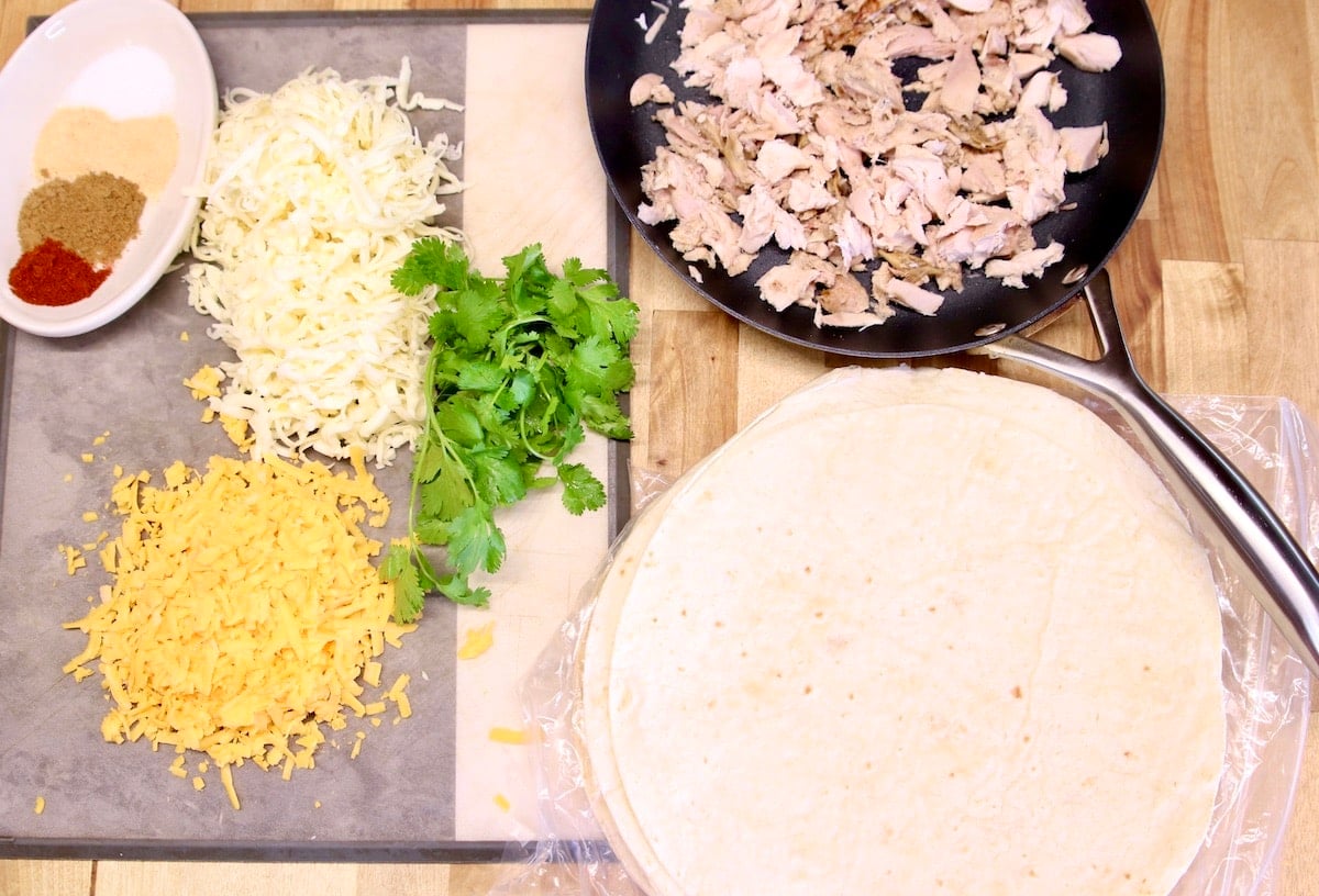 Ingredients for chicken quesadillas.
