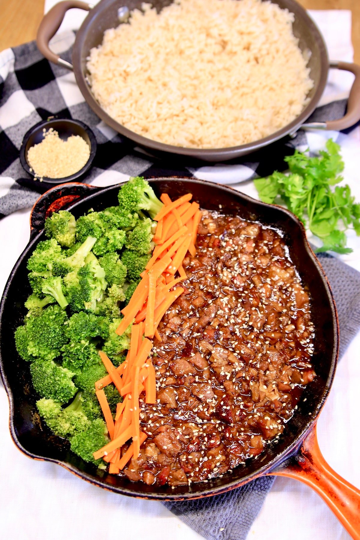 Skillet with Mongolian pork, broccoli, carrots.