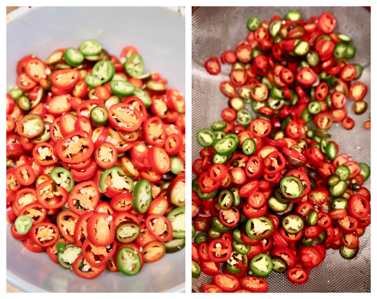 Sliced jalapenos collage: bowl/colander.