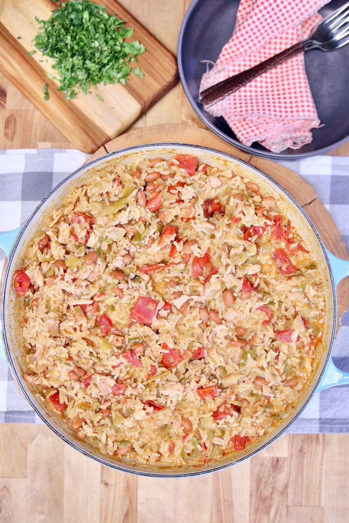 Mexican chicken and rice with pinto beans.