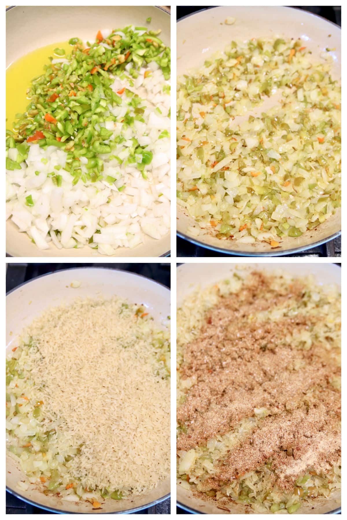 Collage cooking onions and bell peppers, rice with seasonings.