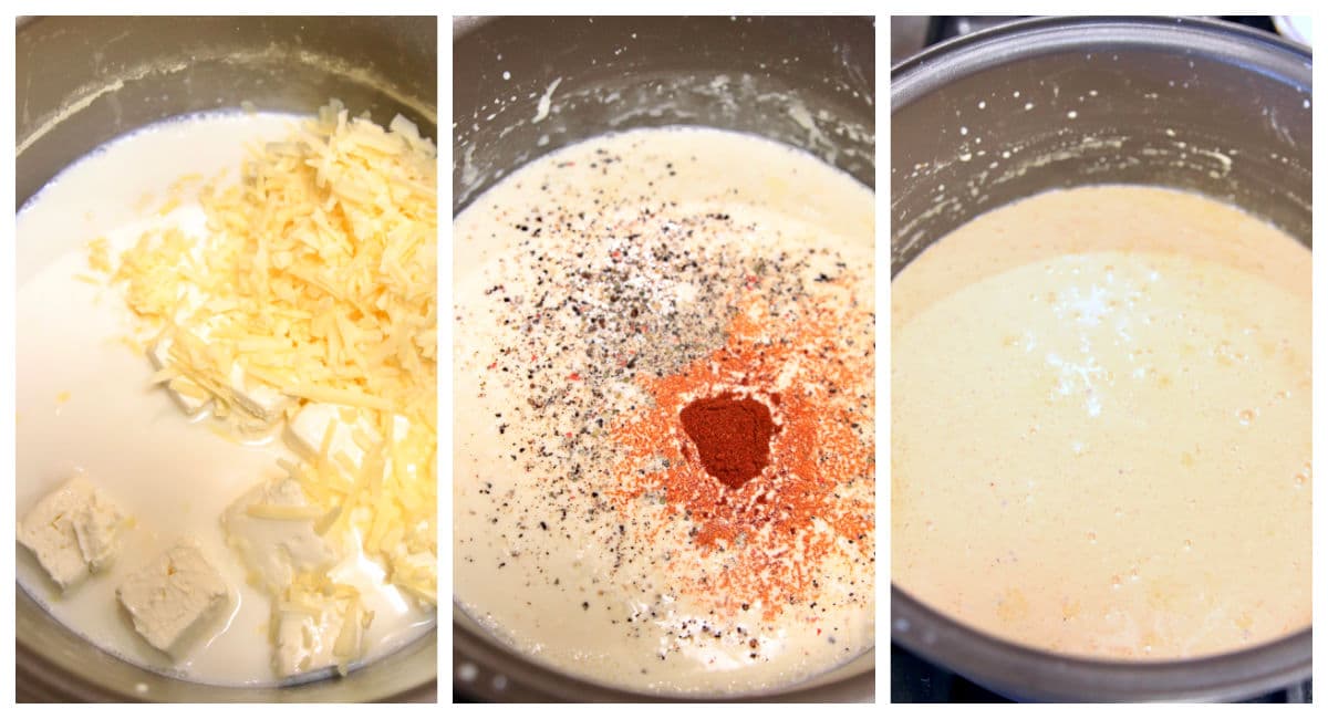 Making white cheddar pasta sauce collage.