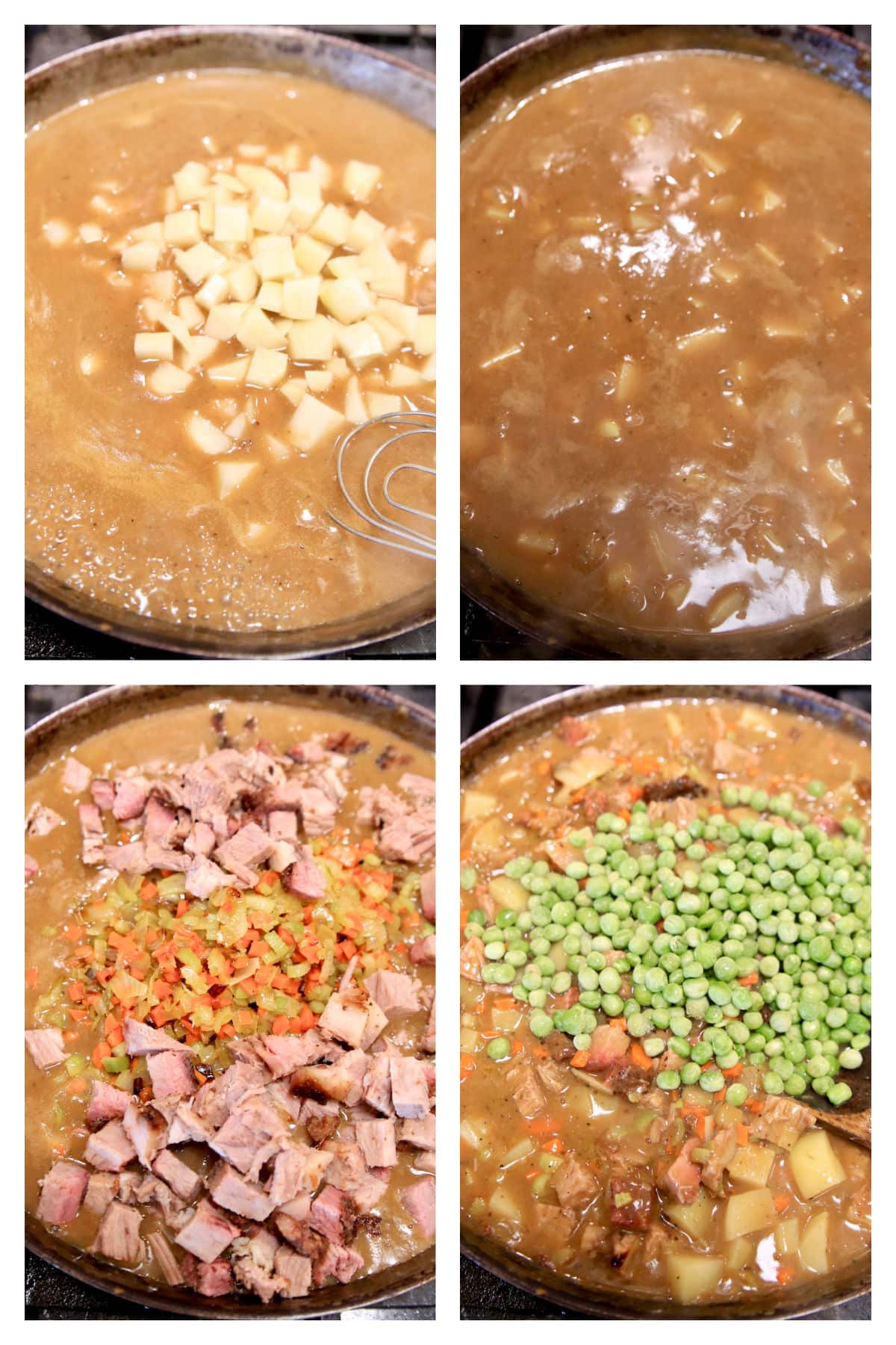 Collage making pot pie filling with beef and vegetables.