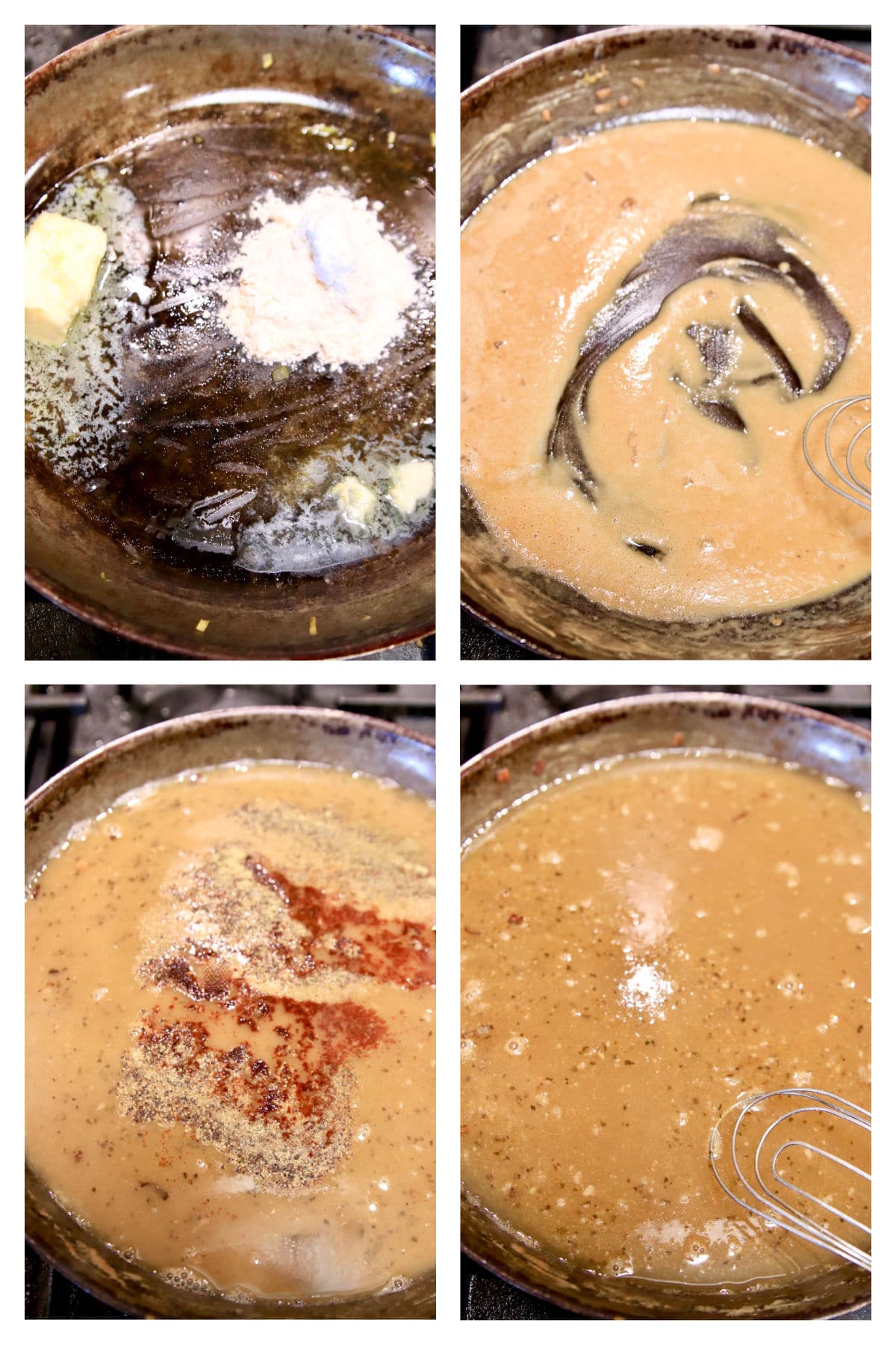 Collage making gravy for pot pie.