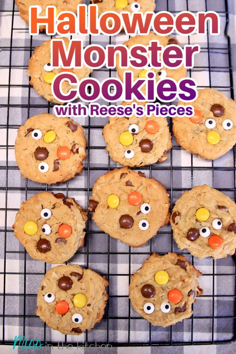 Halloween Monster Cookies on a baking rack- text overlay.