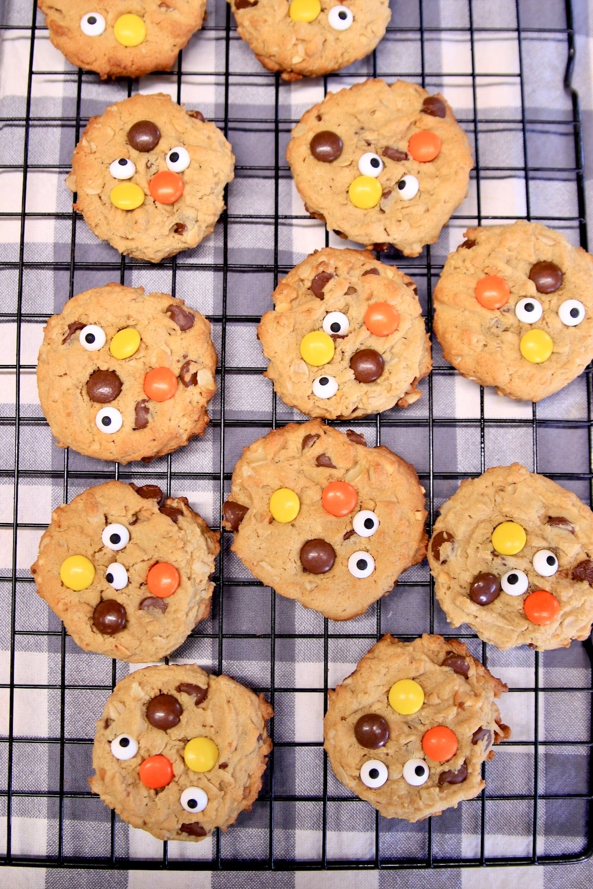 Wire rack with Monster cookies. 