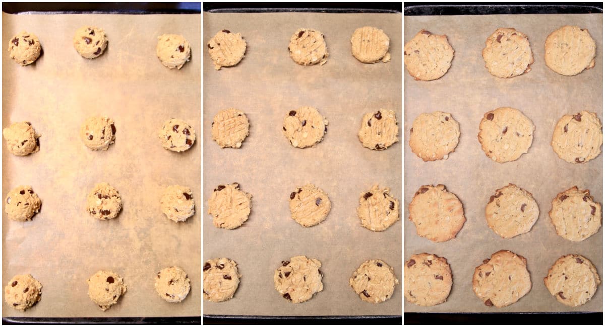 Collage: cookie dough, smashed and baked on cookie sheet.