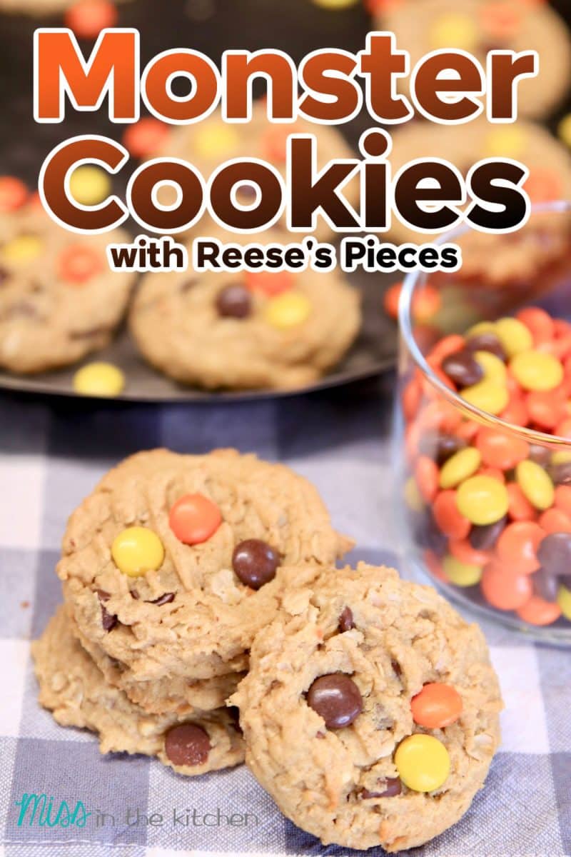 Monster Cookies stacked, with platter. Text overlay.