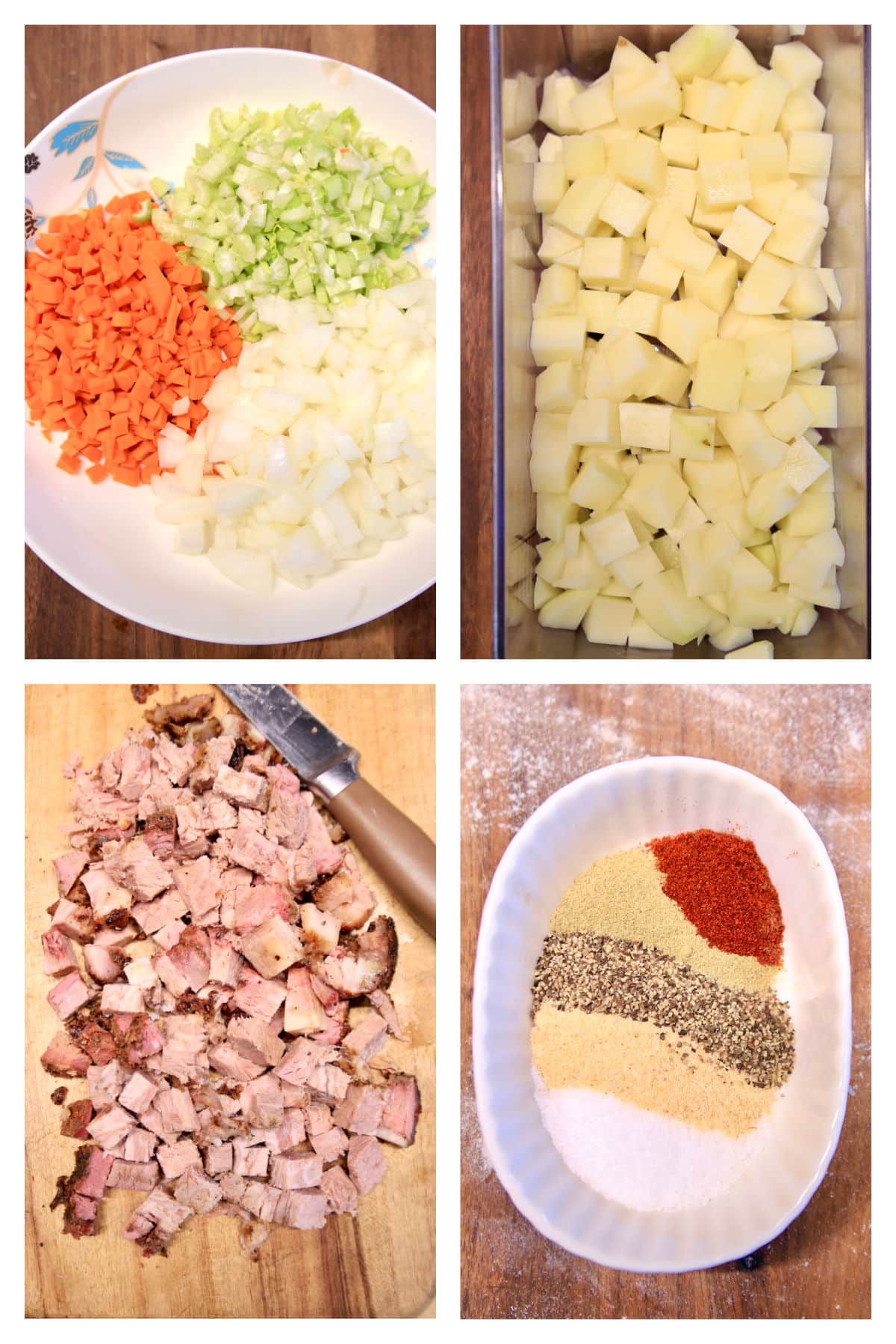 Collage, chopped vegetables, potatoes, brisket, spices in a bowl.