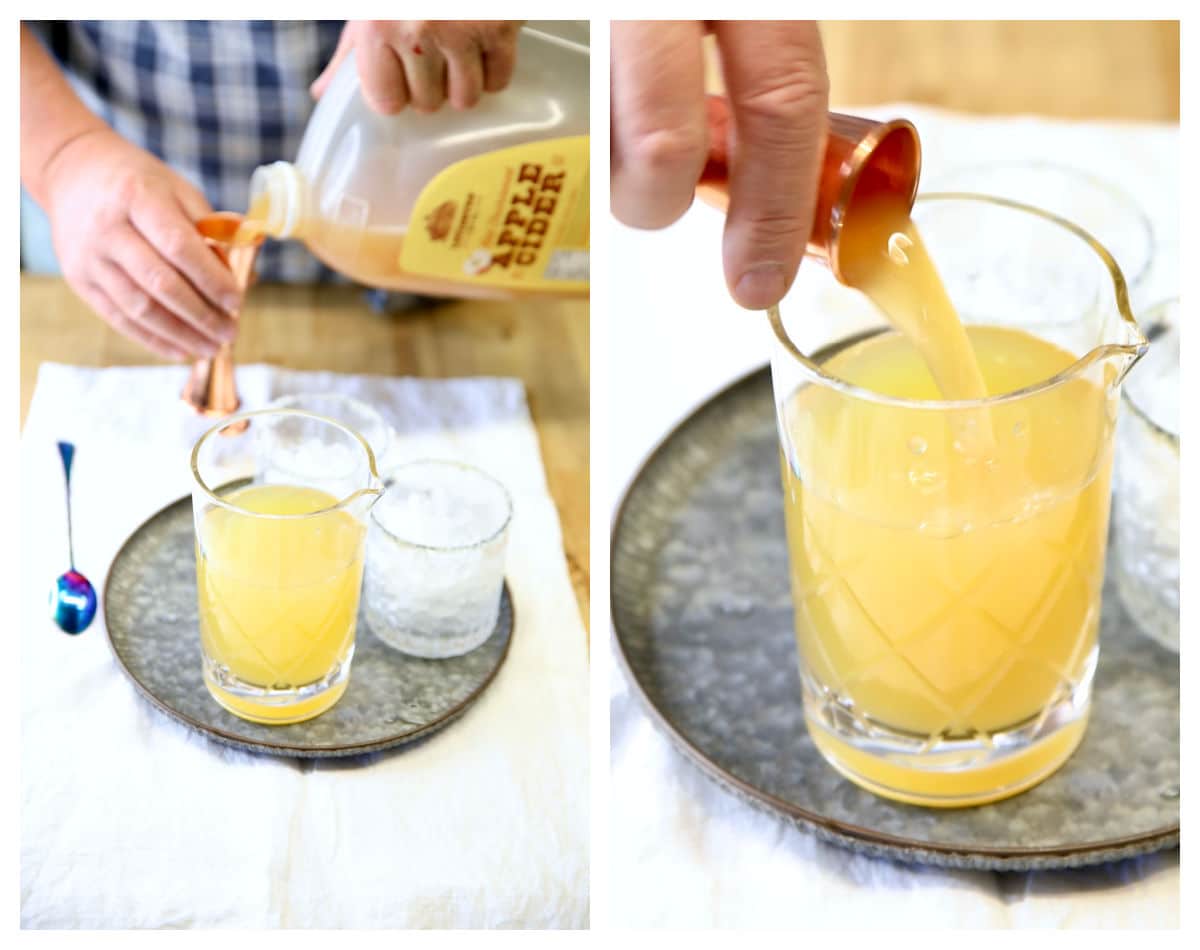 Collage: measuring and pouring apple cider into mixer glass.