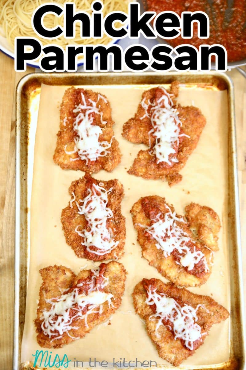 Chicken Parmesan on a sheet pan - text overlay.
