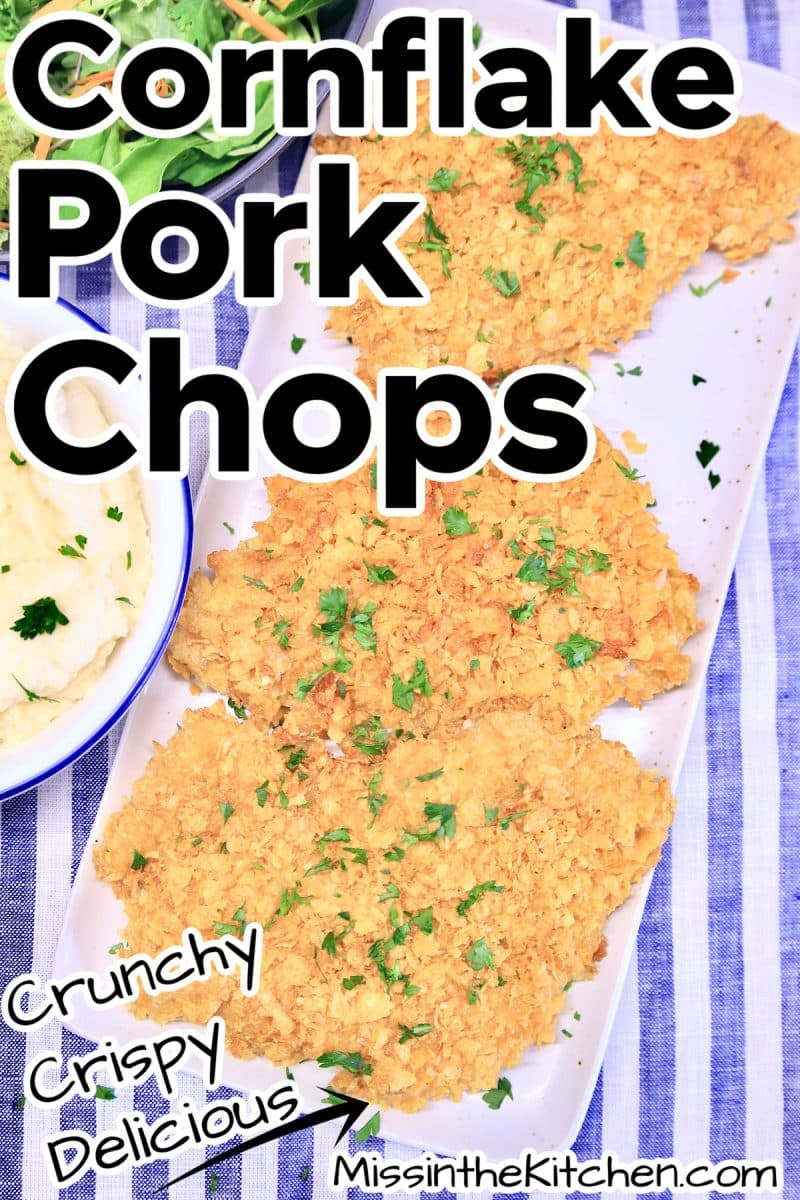 Platter of crispy pork chops - text overlay.