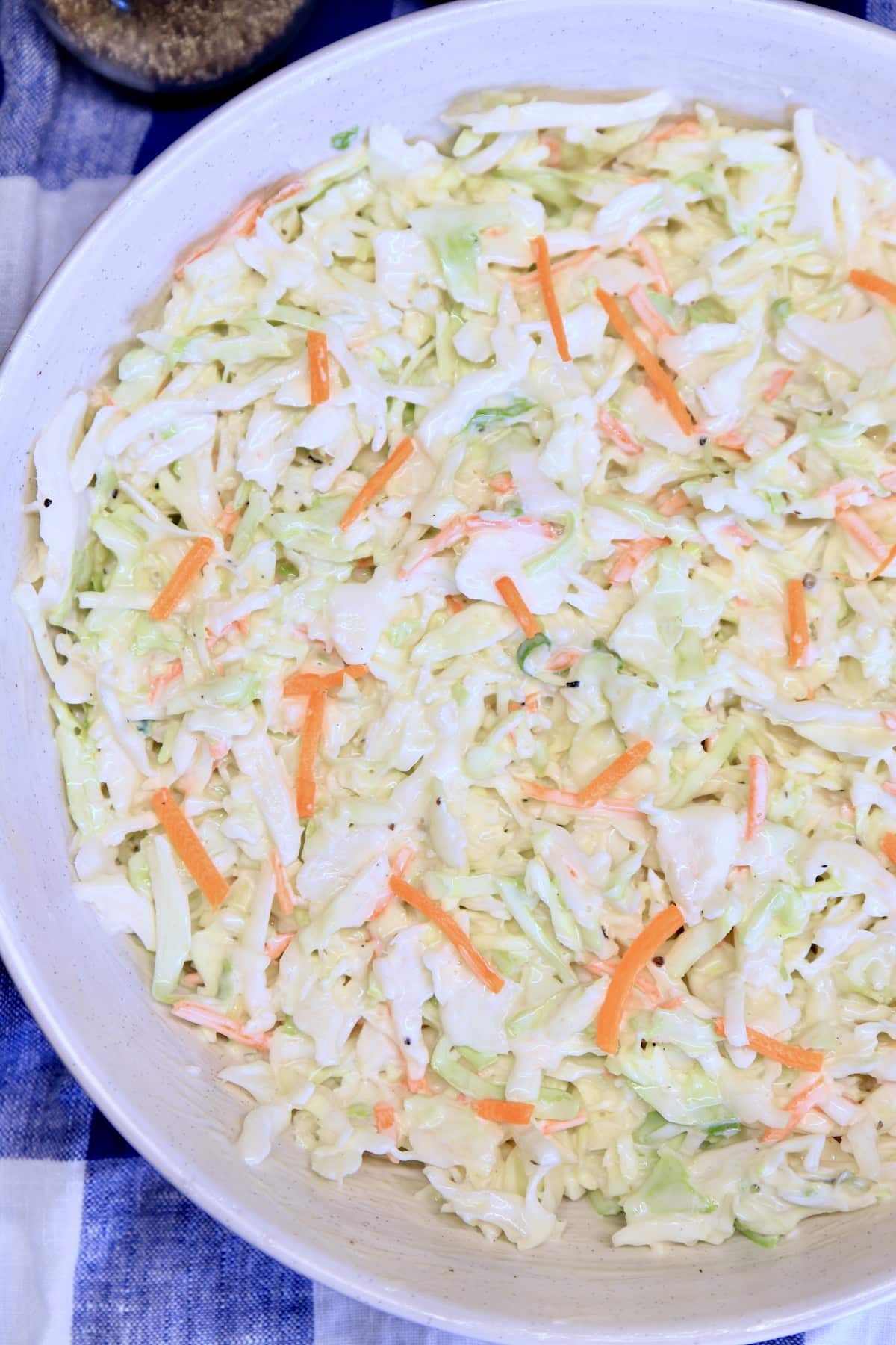 Closeup of bowl of coleslaw.