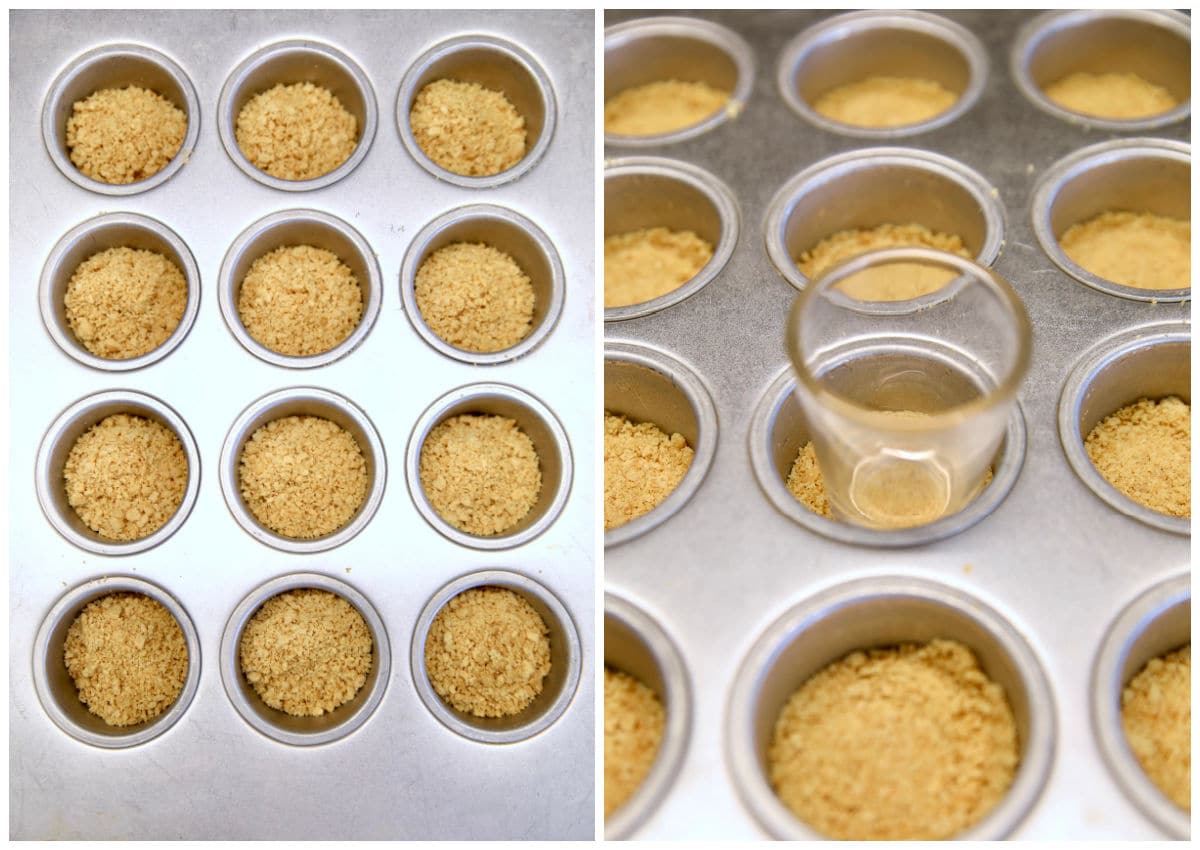 Collage cheesecake pan with graham cracker crust/shot glass pressing crust.