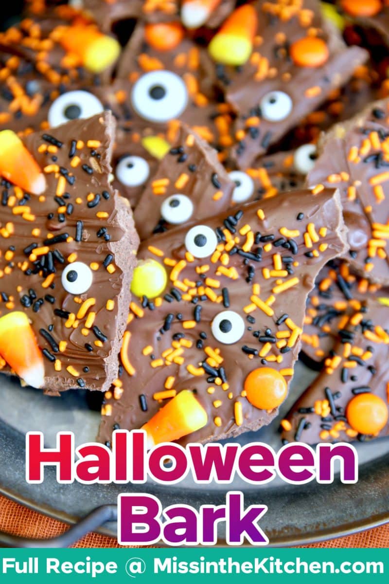 Halloween chocolate Bark on a tray. Text overlay.