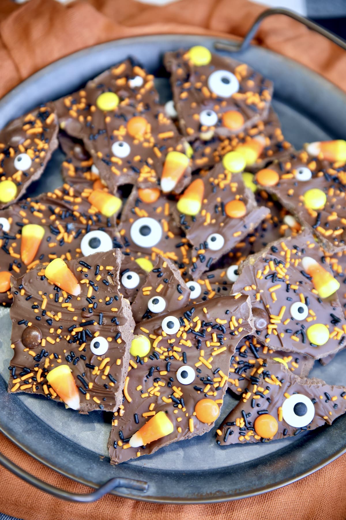 Platter of Halloween Chocolate Bark.